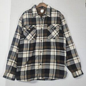 Mens Flannel Shirt Jacket Sherpa Lined Size XL Relaxed Fit Brown Plaid Button Up